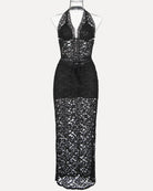 Black lace plunge halter two-piece set with fitted bust and long skirt