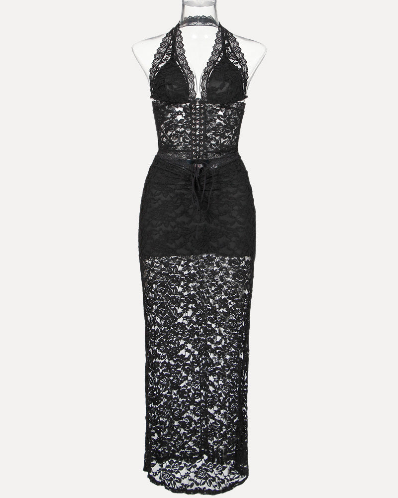Black lace plunge halter two-piece set with fitted bust and long skirt