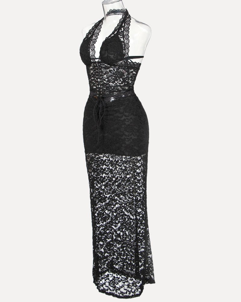 Black lace halter bralette with plunge cups and matching long lace skirt
