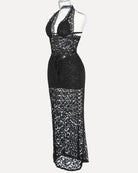 Black lace halter bralette with plunge cups and matching long lace skirt