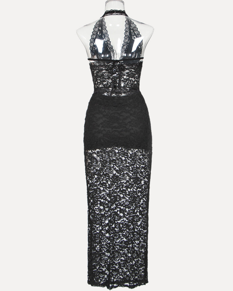 Black lace plunge halter backless two-piece set with long fitted skirt