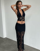Black lace halter crop top and long lace skirt set, plunging front with tie detail