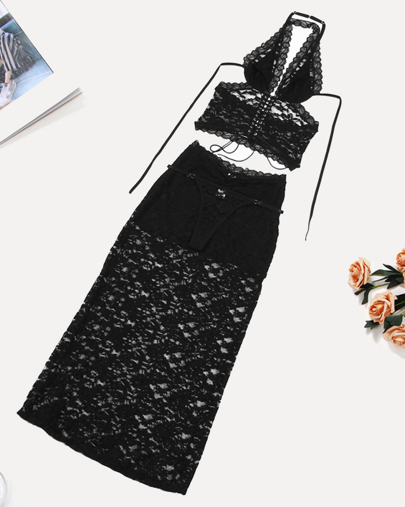 Black lace two-piece set flat lay: halter crop top and long lace skirt