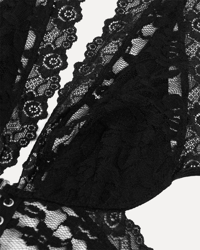 Black lace long skirt with scalloped edges and floral openwork panels