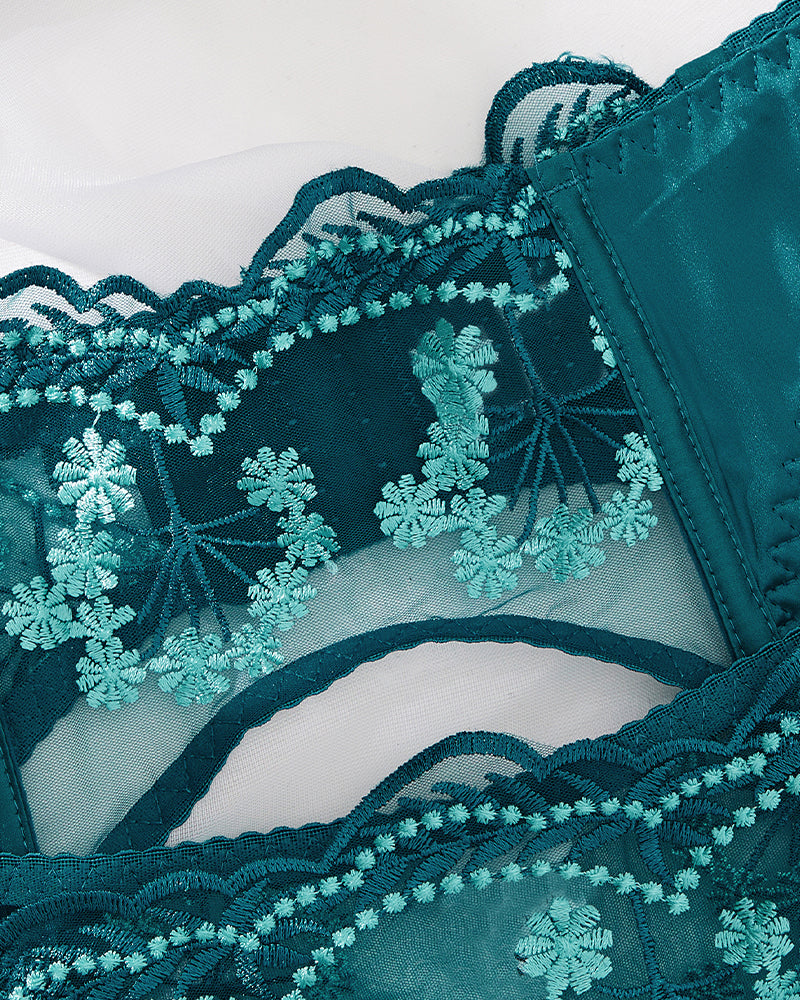 Green embroidery lace bralette and garter lingerie set with scalloped trim detail