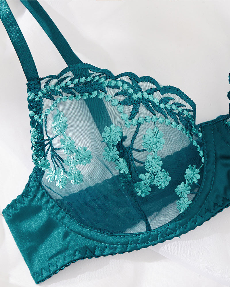 Teal embroidered lace bra with sheer mesh cups and scalloped lace trim