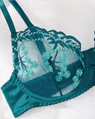 Teal embroidered lace bra with sheer mesh cups and scalloped lace trim