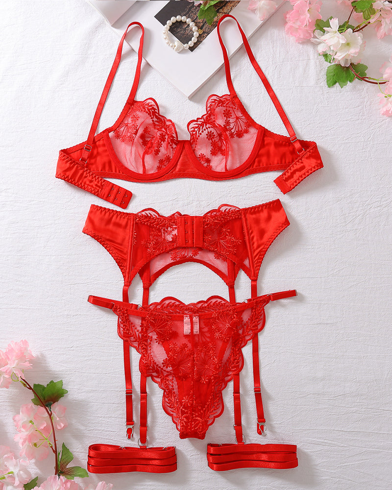 Red embroidery lace lingerie set with bra, panty, garter, and suspender straps