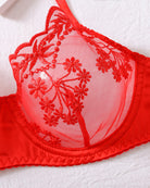 Red lace lingerie bra cup with floral embroidery mesh overlay