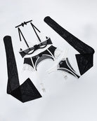 Lace lingerie set pieces with push-up bra and garter belt plus matching underwear and straps
