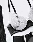Lace push-up bra with black mesh underband and white scalloped trim