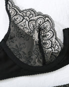 Black lace underwire bra cup with embroidered floral trim and scalloped edge