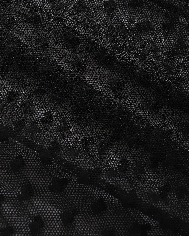 Black sheer lace fabric with polka-dot texture, long dress overlay