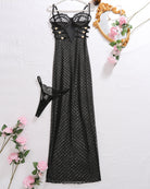 Black sheer polka dot lace long slip dress with thin straps and scalloped lace trim