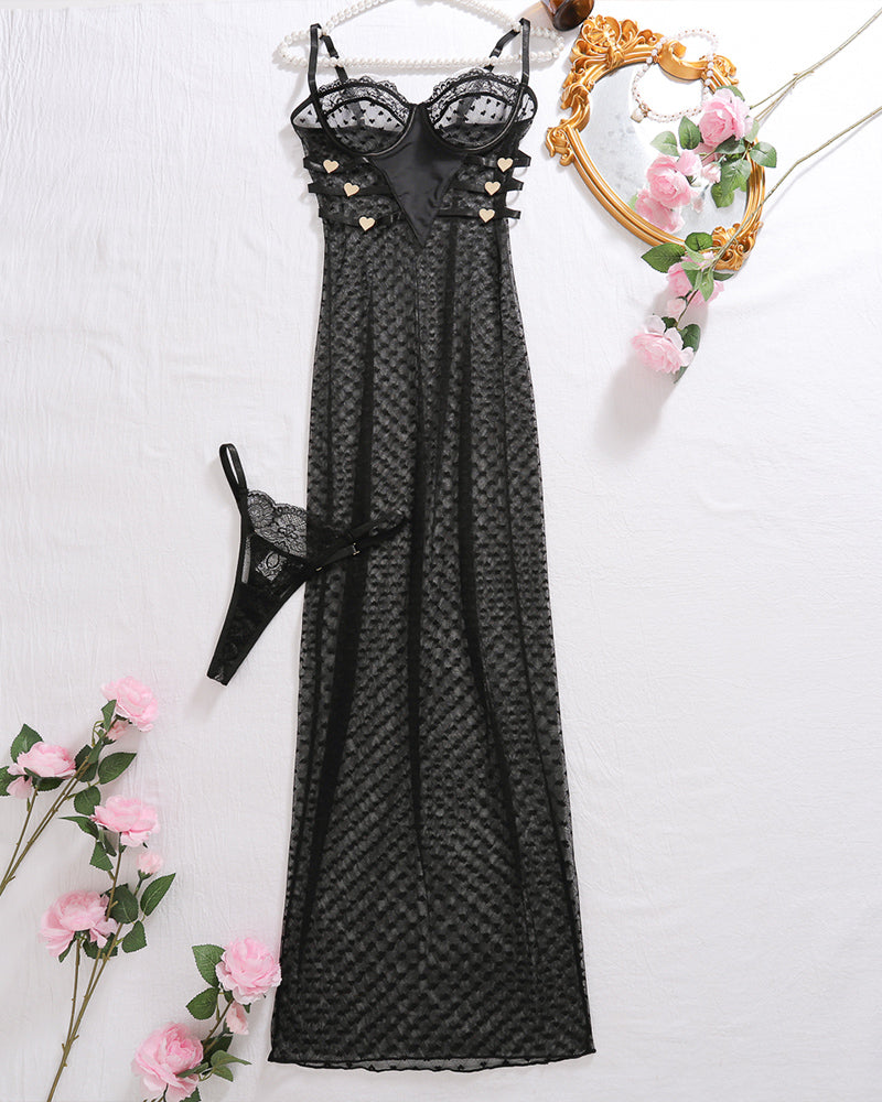 Black sheer polka dot lace long slip dress with thin straps and scalloped lace trim