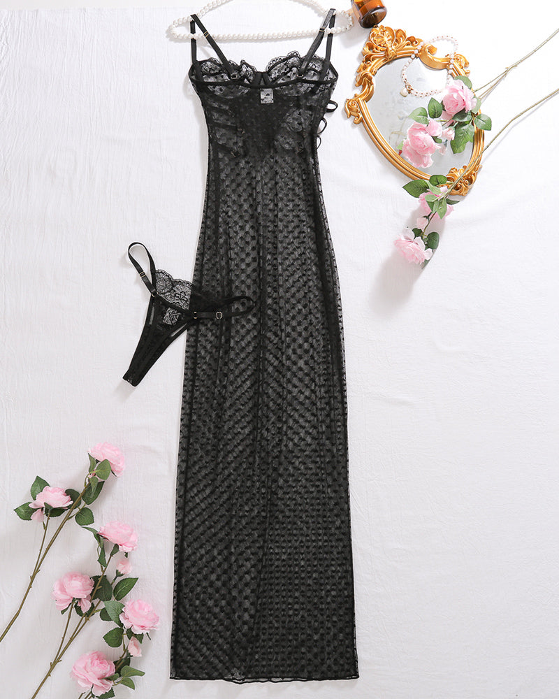 Black sheer polka dot lace long slip dress with thin straps and lace bow detail