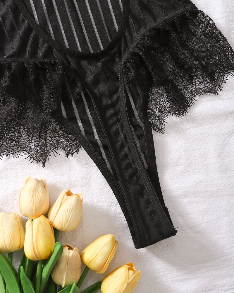 Black eyelash lace bodysuit bottom with lace-trim leg and vertical stripe panel