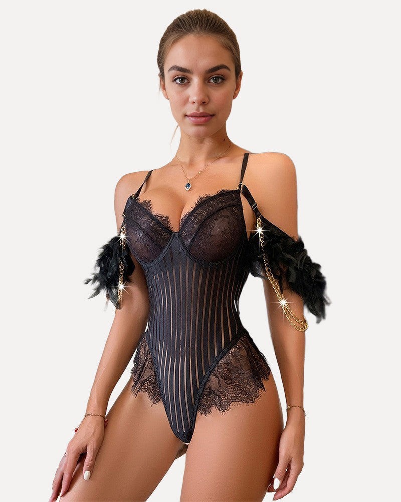Black eyelash lace bodysuit with underwire cups, lace scallops, and feather cuffs