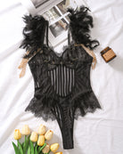 Black feather eyelash lace bodysuit with back straps and scalloped lace leg panels