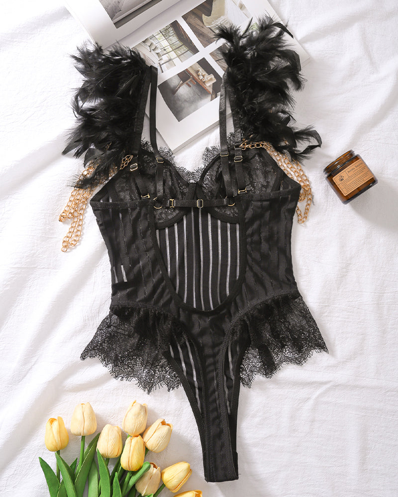 Black feather eyelash lace bodysuit with back straps and scalloped lace leg panels
