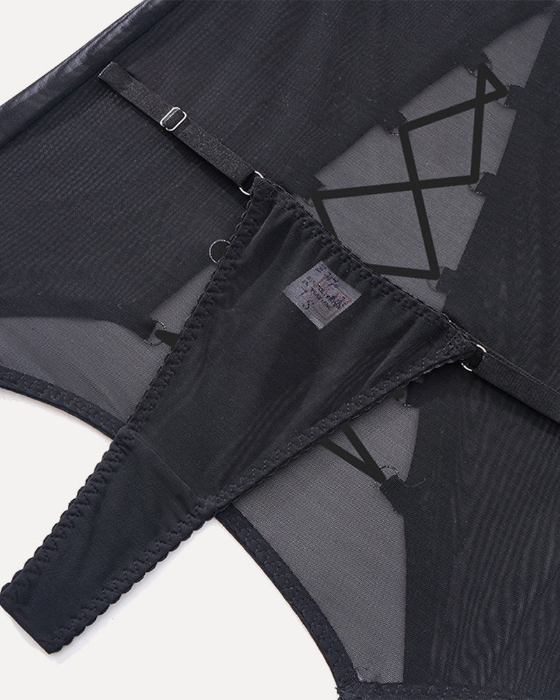 Black hollow-out top and skirt set with adjustable strap and hook closure