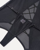 Black hollow-out top and skirt set with adjustable strap and hook closure