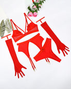 Red lingerie set with strappy bra and garter-style straps plus matching fingerless gloves