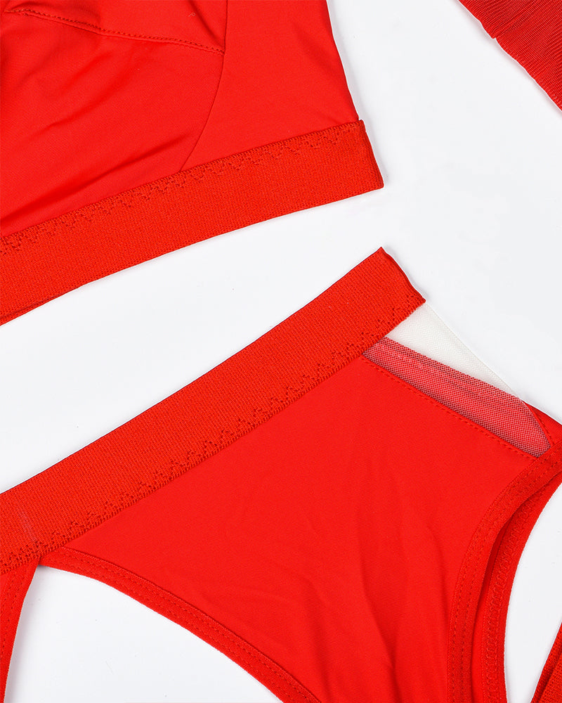 Red lingerie panties with wide elastic waistband and side cutout mesh