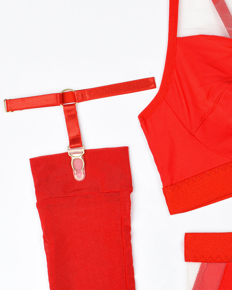 Red bra with elastic straps and adjustable garter straps with metal rings