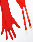 Red fingerless gloves with long sleeves and attached garter straps with clasps