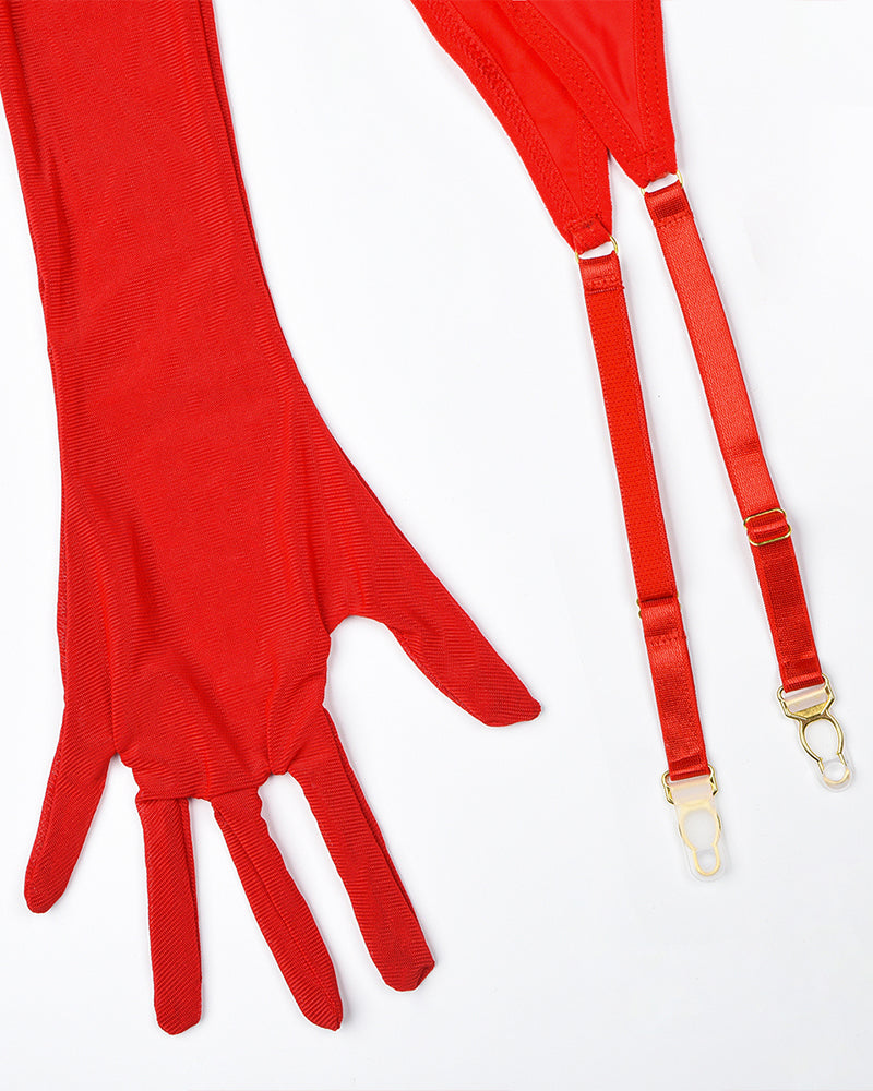Red fingerless gloves with long sleeves and attached garter straps with clasps