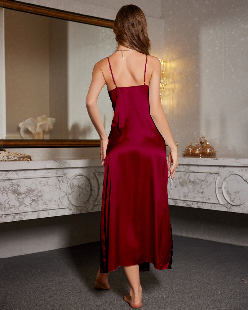 Wine red lace-trim long nightdress, back view, spaghetti straps and high-slit hem
