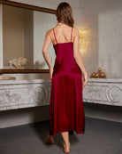 Wine red lace-trim long nightdress, back view, spaghetti straps and high-slit hem