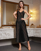 Black lace patchwork satin long nightdress with spaghetti straps and V-neck