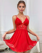 Red lace slip dress with bow at bust, V-neck and scalloped lace trim
