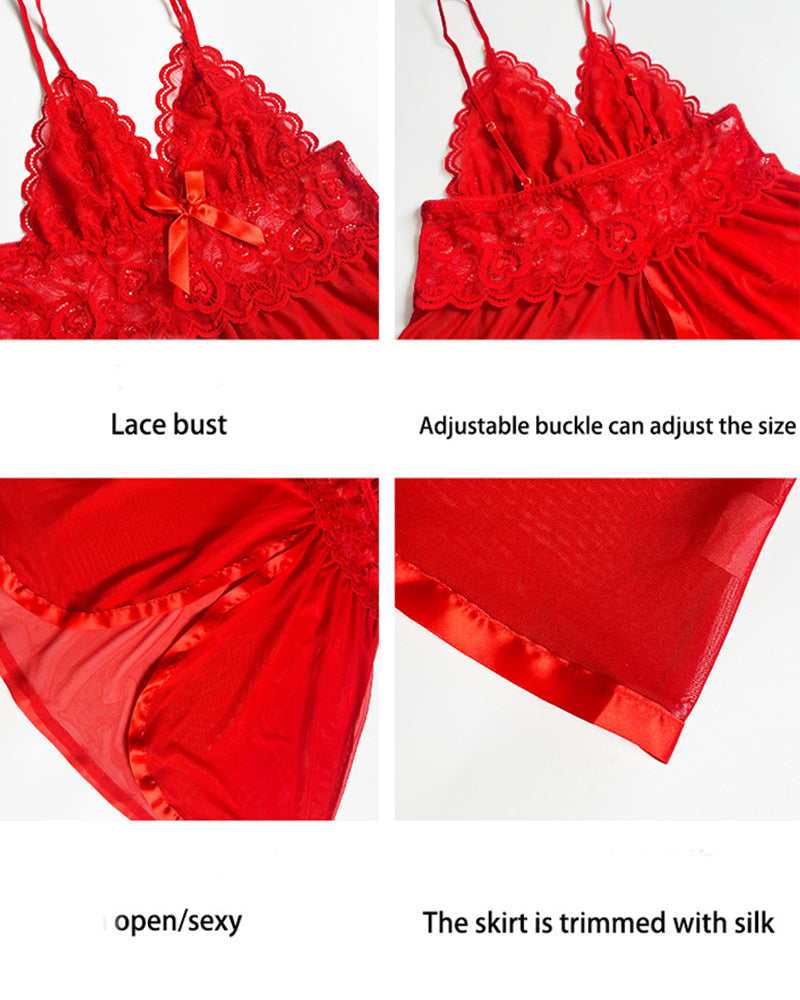 Red lace slip dress detail: lace bust, adjustable buckle straps, sheer skirt