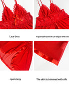 Red lace slip dress detail: lace bust, adjustable buckle straps, sheer skirt