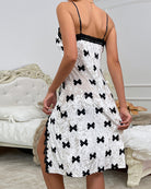 White bow-print lace-trim nightdress with open back and spaghetti straps
