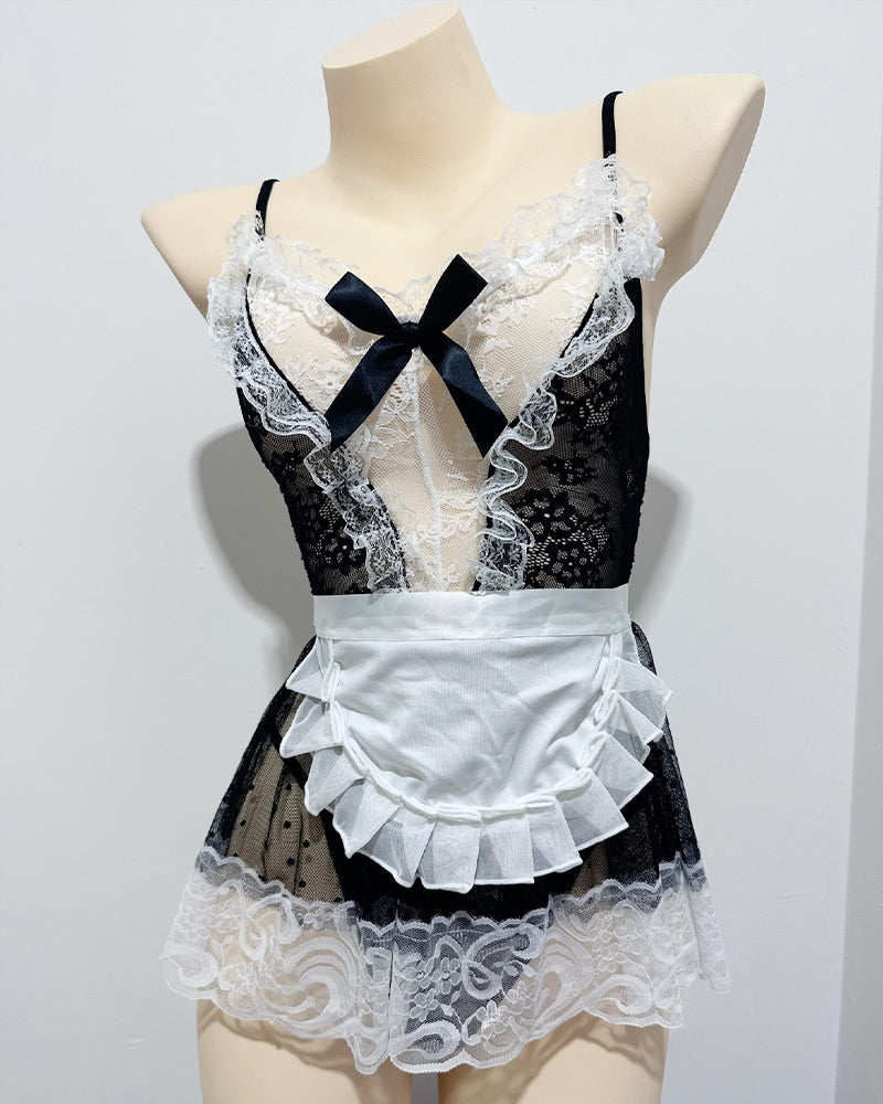 Black and white maid costume dress with lace bodice and black ribbon bows