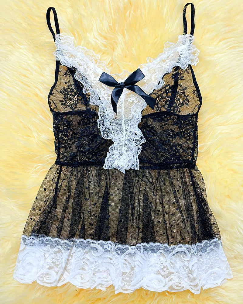 Maid costume dress set with black lace corset, white ruffled skirt, and satin bow