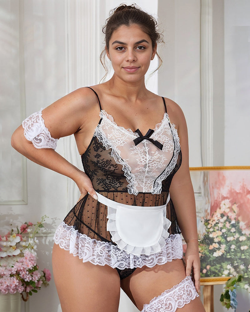 Plus size maid set in black sheer lace with white ruffle trim and adjustable straps