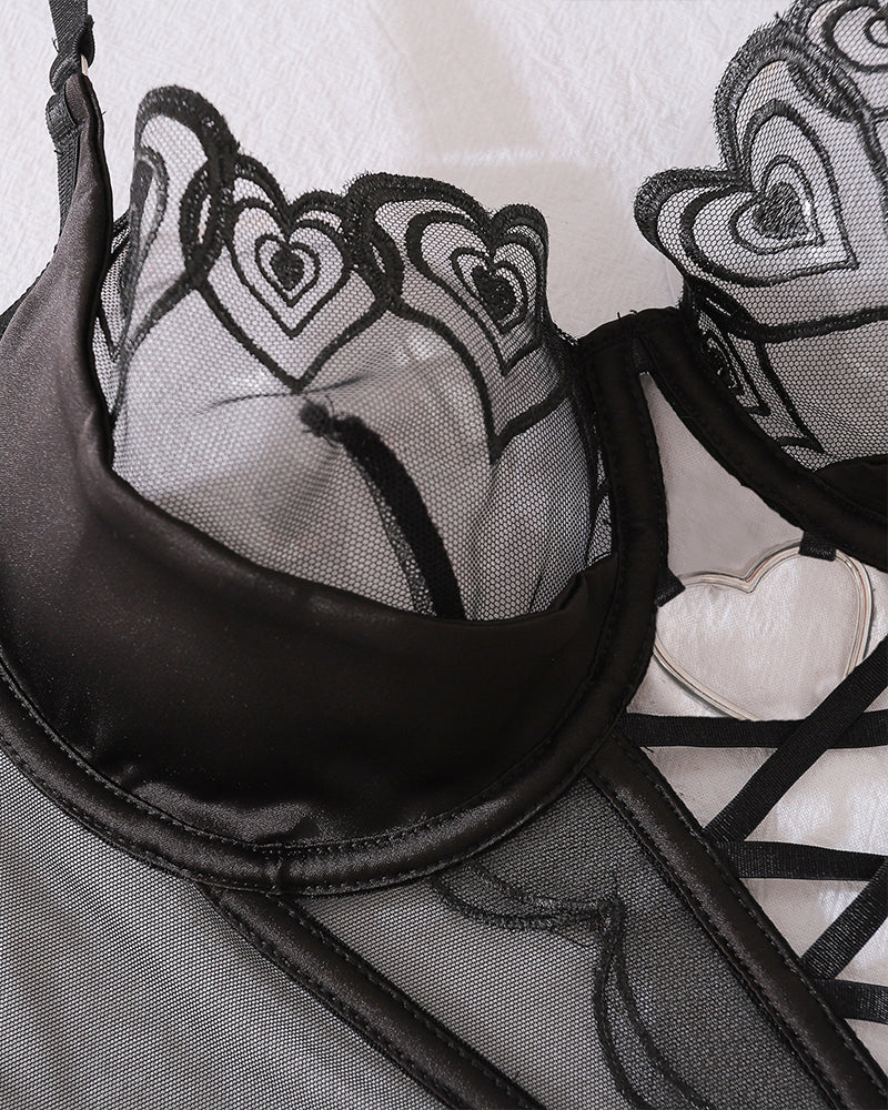 Black heart-embroidered mesh bra cup with smooth satin corset band