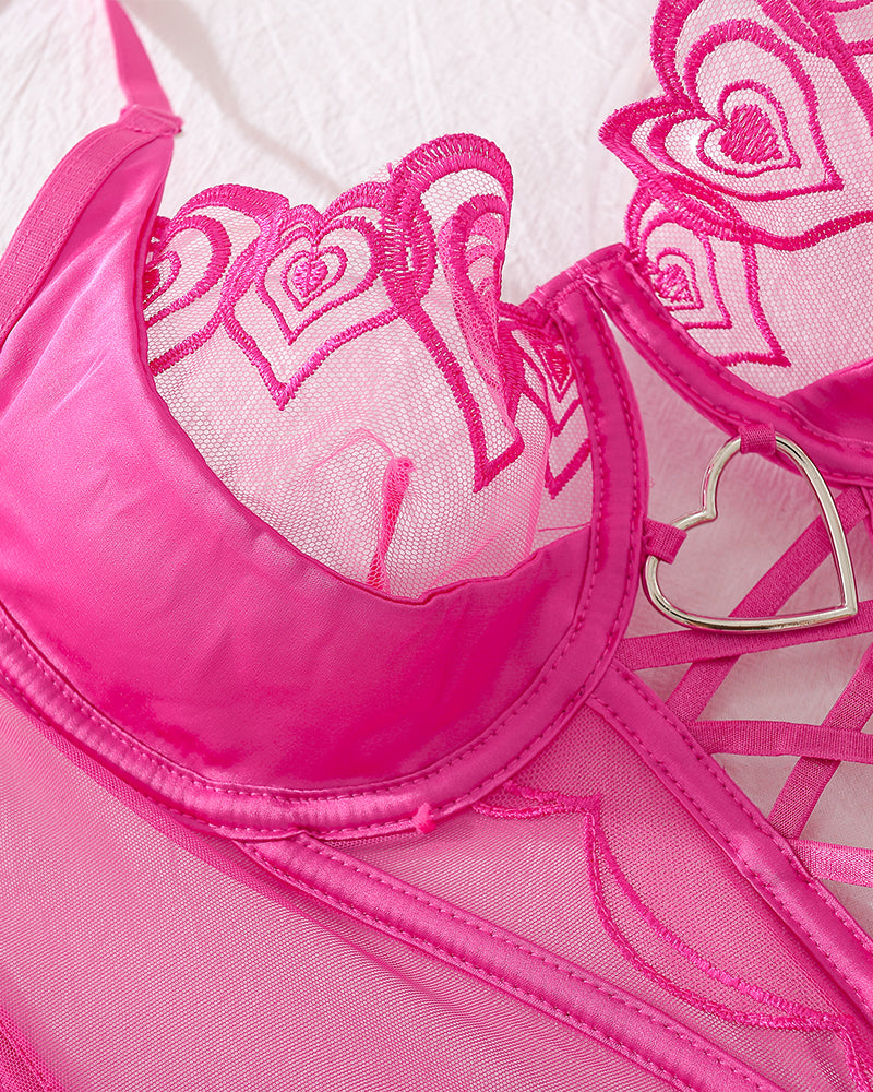 Rose red heart corset set, lace-up front, mesh underwire cups