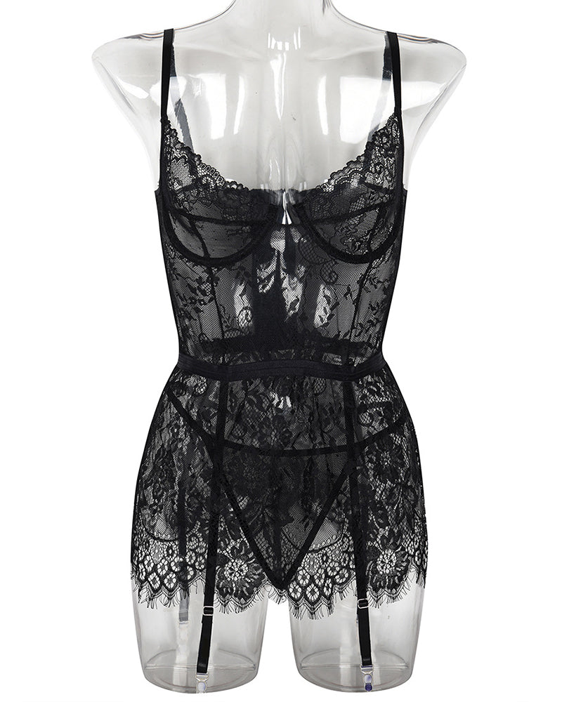 Black sheer lace night dress on mannequin with underwire cups and lace garter straps