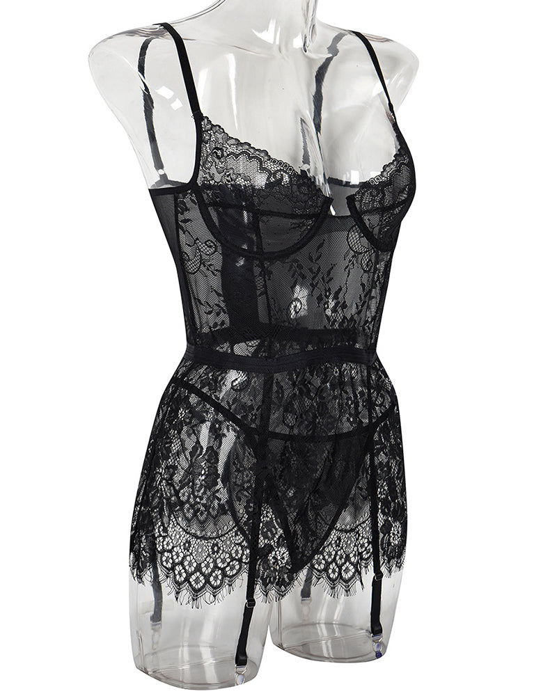 Black sheer lace night dress with adjustable straps and lace hem