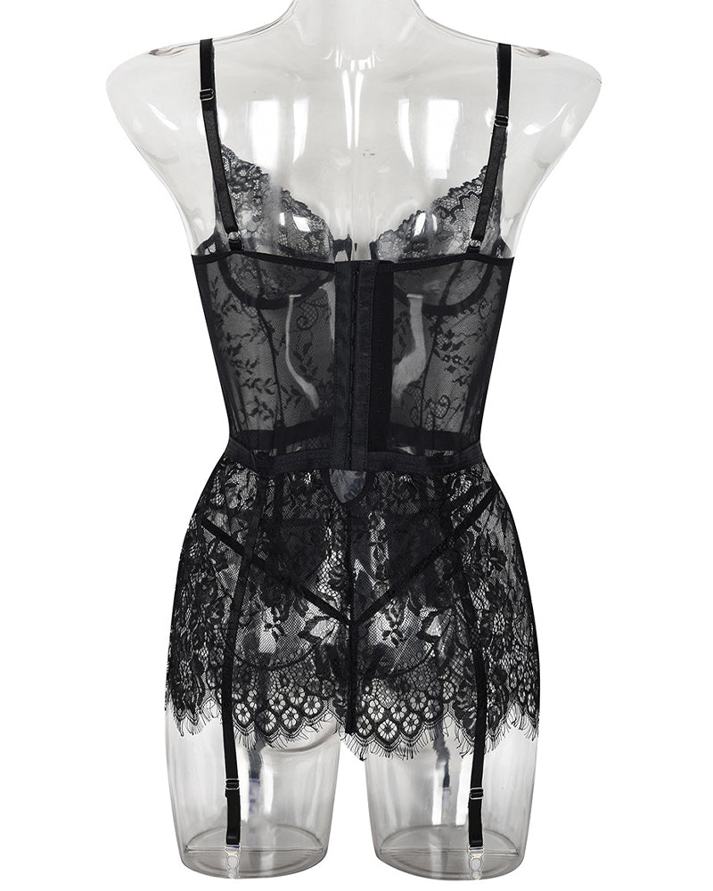 Black sheer lace night dress with back panel, lace hem, and garter straps