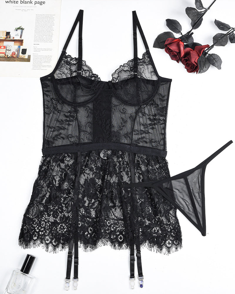 Black lace night dress set with thong, garter straps, and adjustable belt