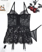 Black lace night dress set with thong, garter straps, and adjustable belt