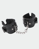 Pair of black leather plush wrist cuffs with hinged buckles and silver chain
