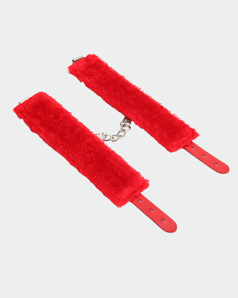 Red plush wrist brace leather handcuffs with chain and metal clasps